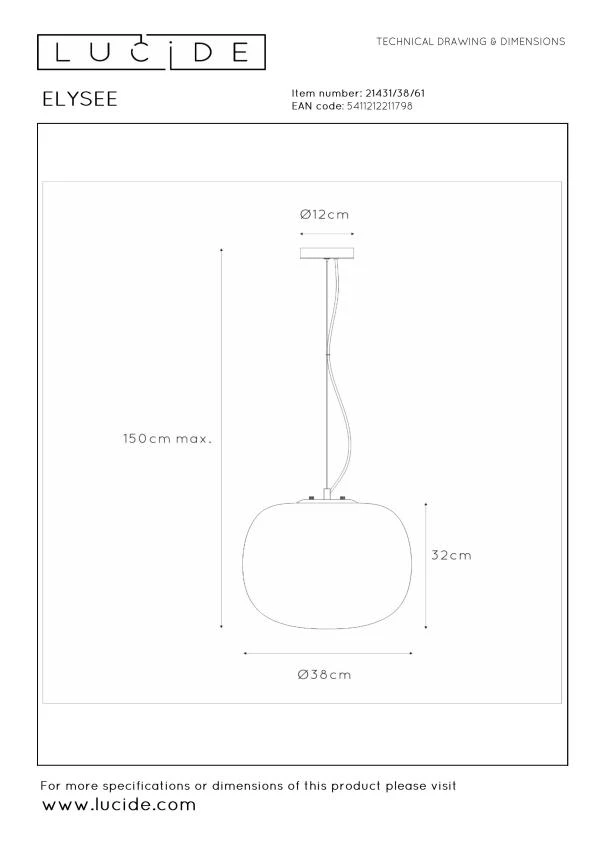 Lucide ELYSEE - Pendant light - Ø 38 cm - 1xE27 - Opal - technical